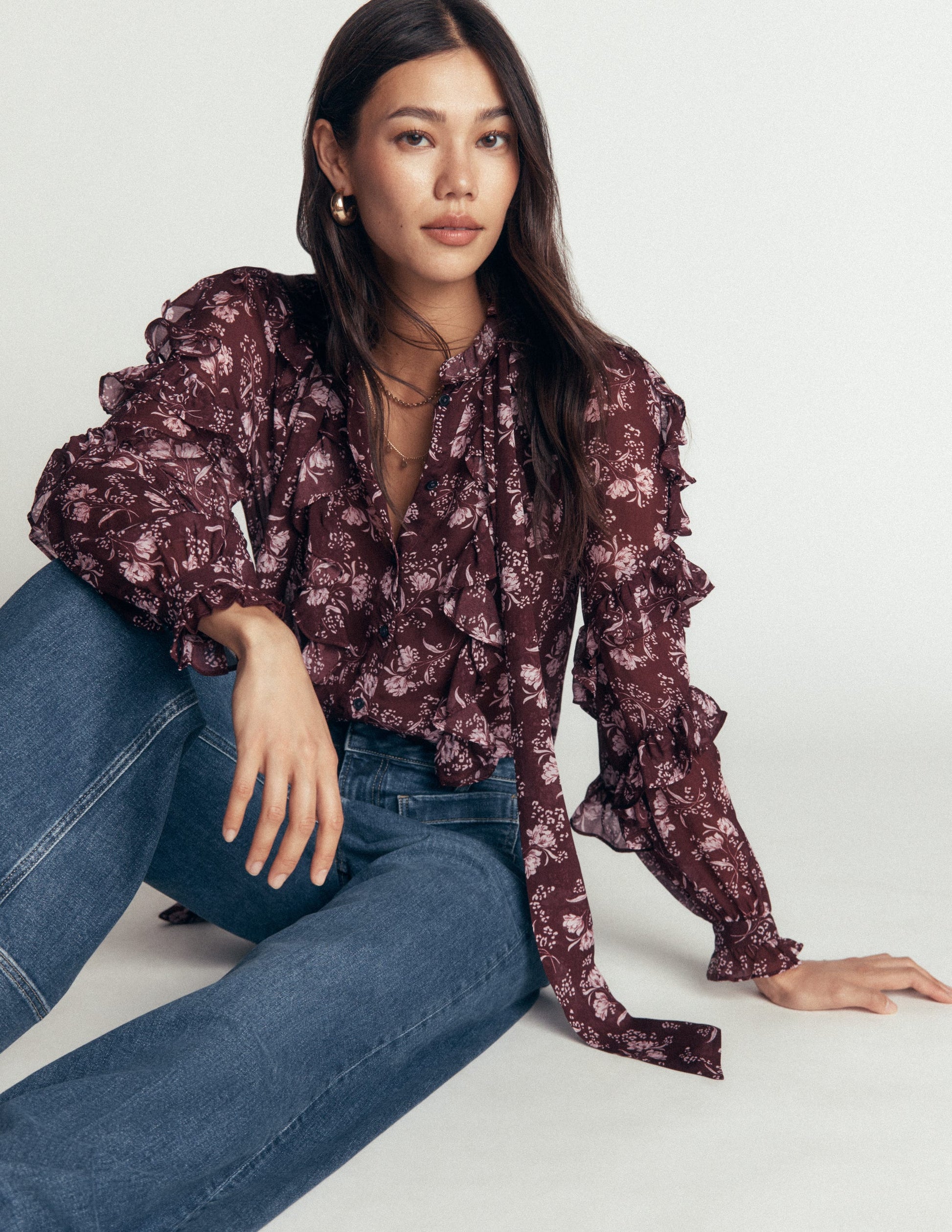 Ruffled Georgette Top-Chocolate, Enchanted Sprigs-5