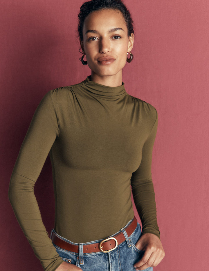 Ruched Neck Long Sleeve-Dark Olive