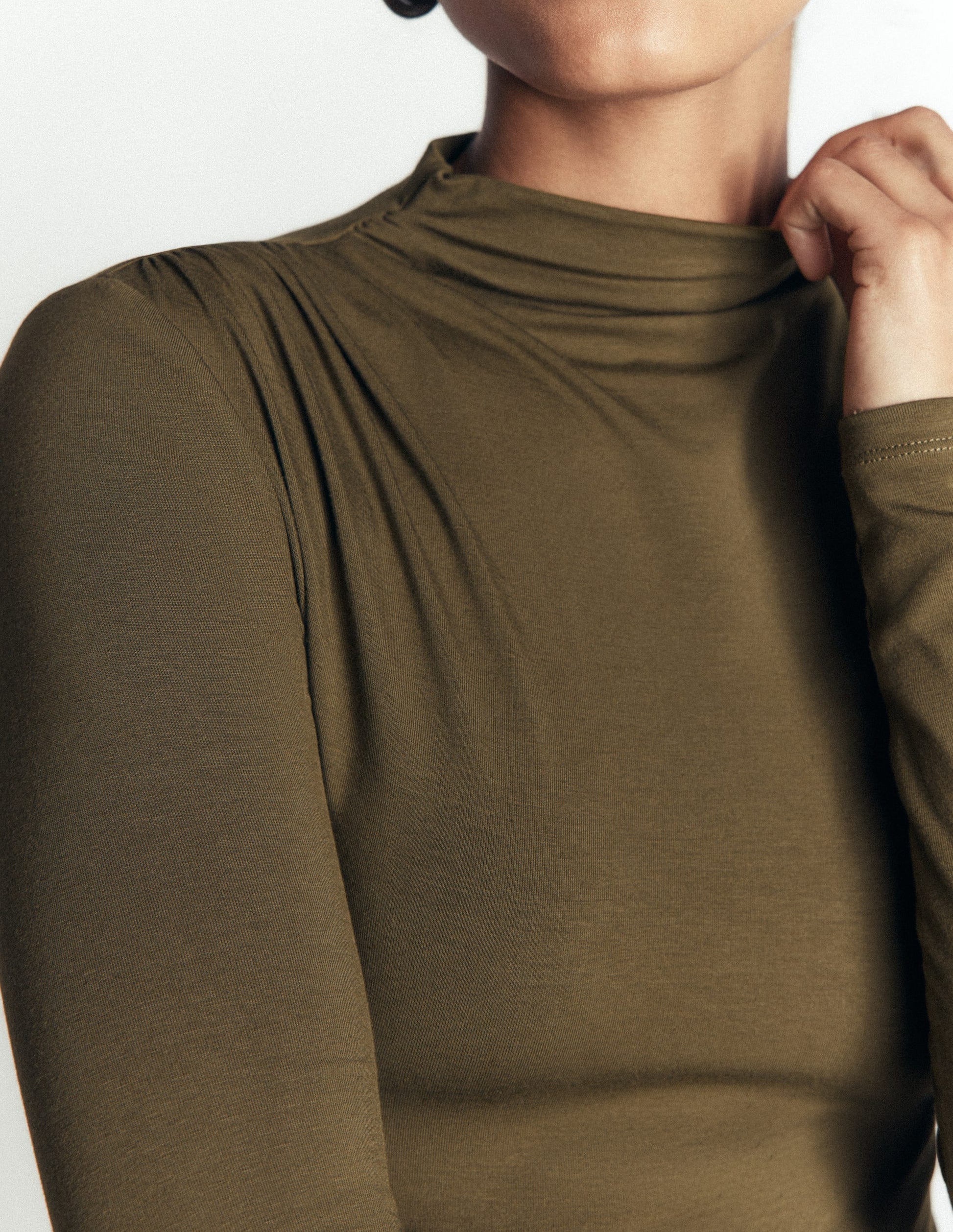 Ruched Neck Long Sleeve-Dark Olive-2