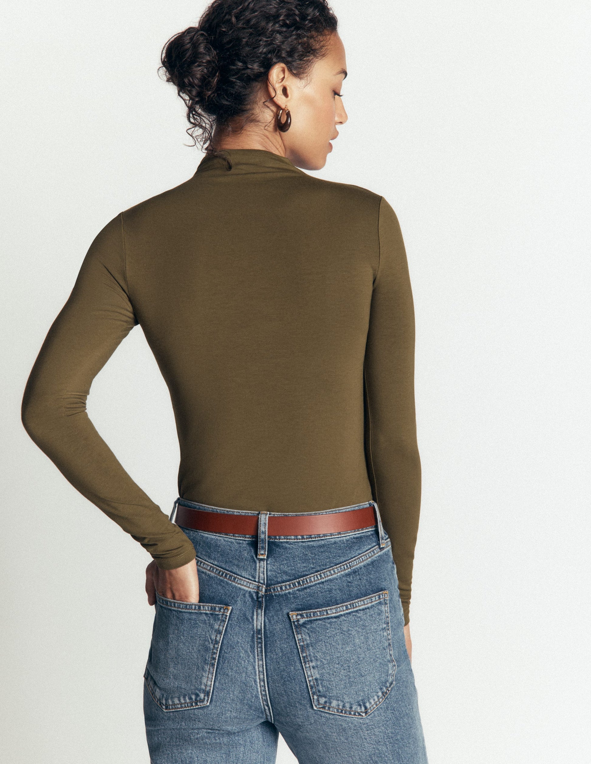 Ruched Neck Long Sleeve-Dark Olive-3
