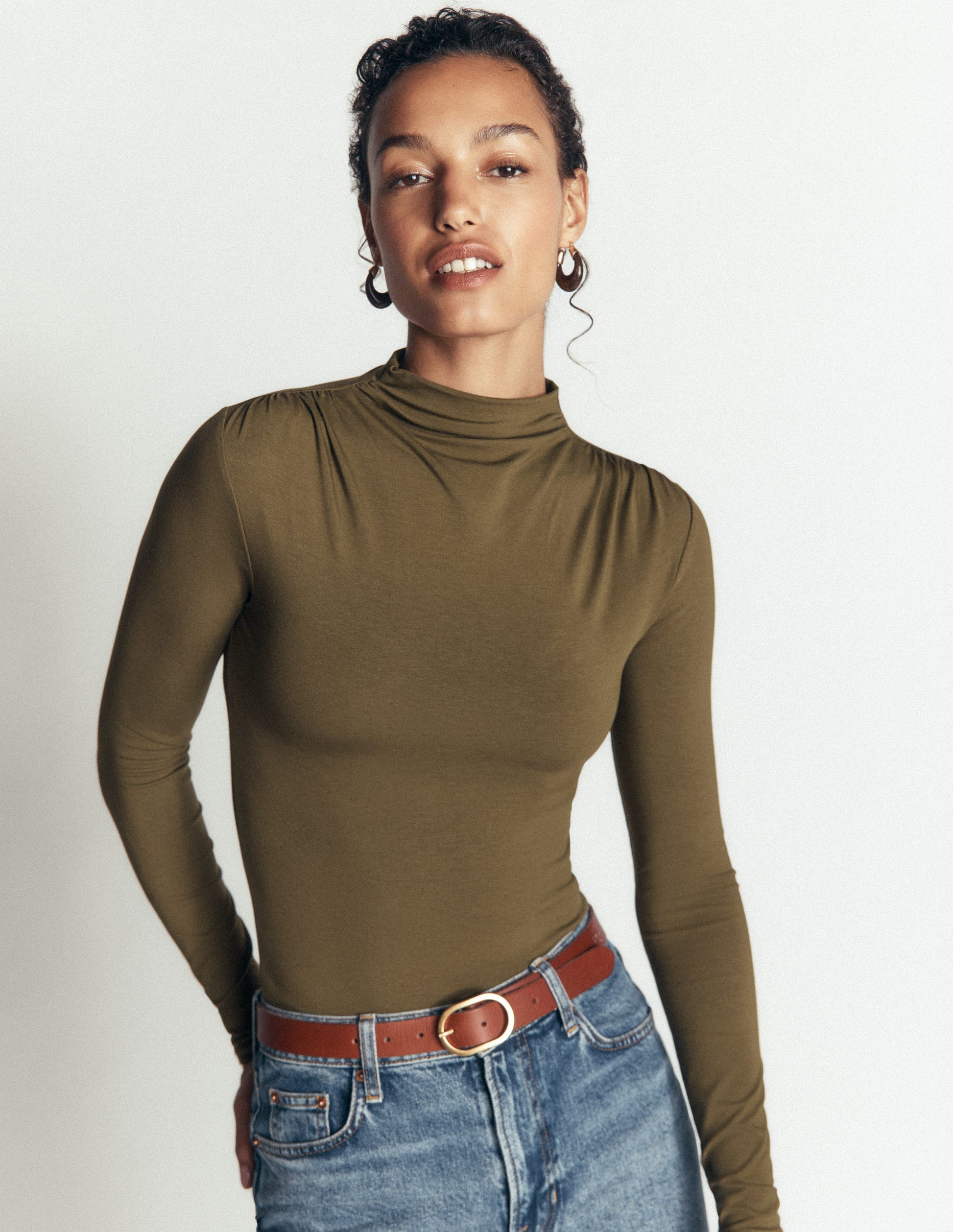 Ruched Neck Long Sleeve-Dark Olive-4