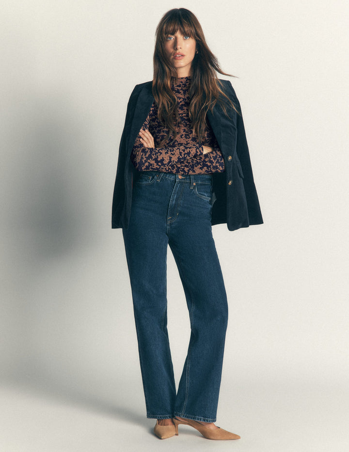 Ruched Neck Long Sleeve-Cappuccino, Sprayed Leaf
