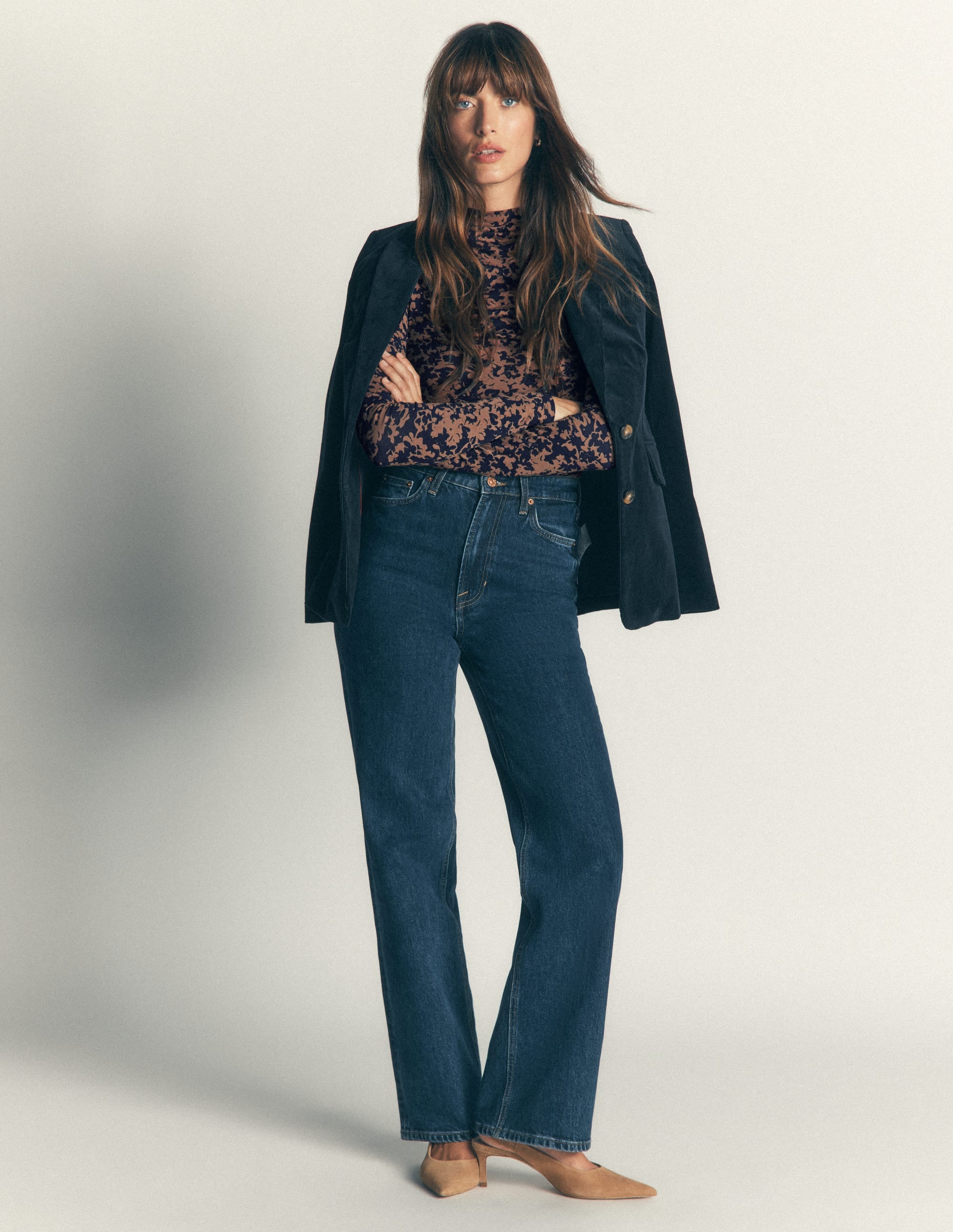 Ruched Neck Long Sleeve-Cappuccino, Sprayed Leaf - Image 1