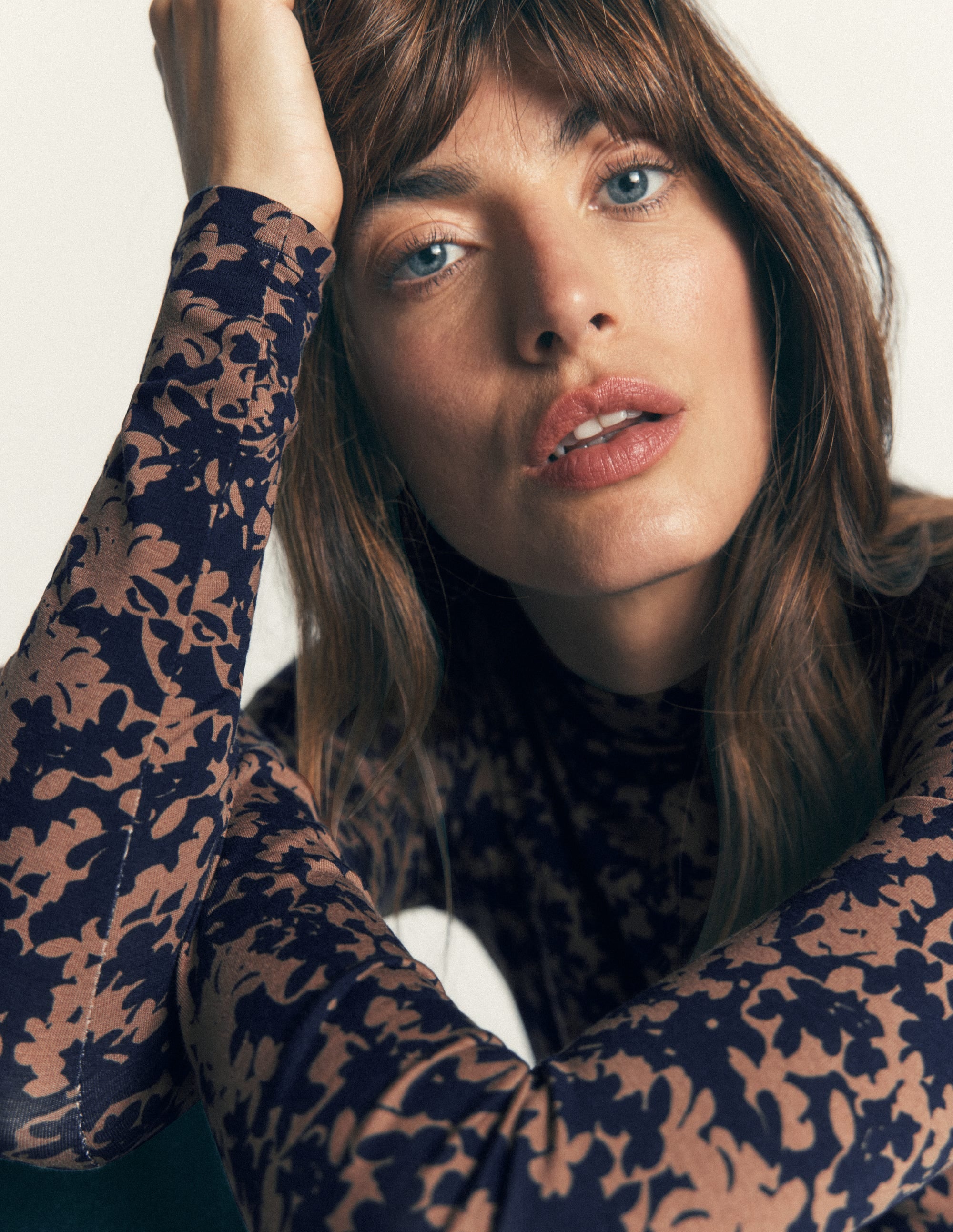 Ruched Neck Long Sleeve-Cappuccino, Sprayed Leaf - Image 2