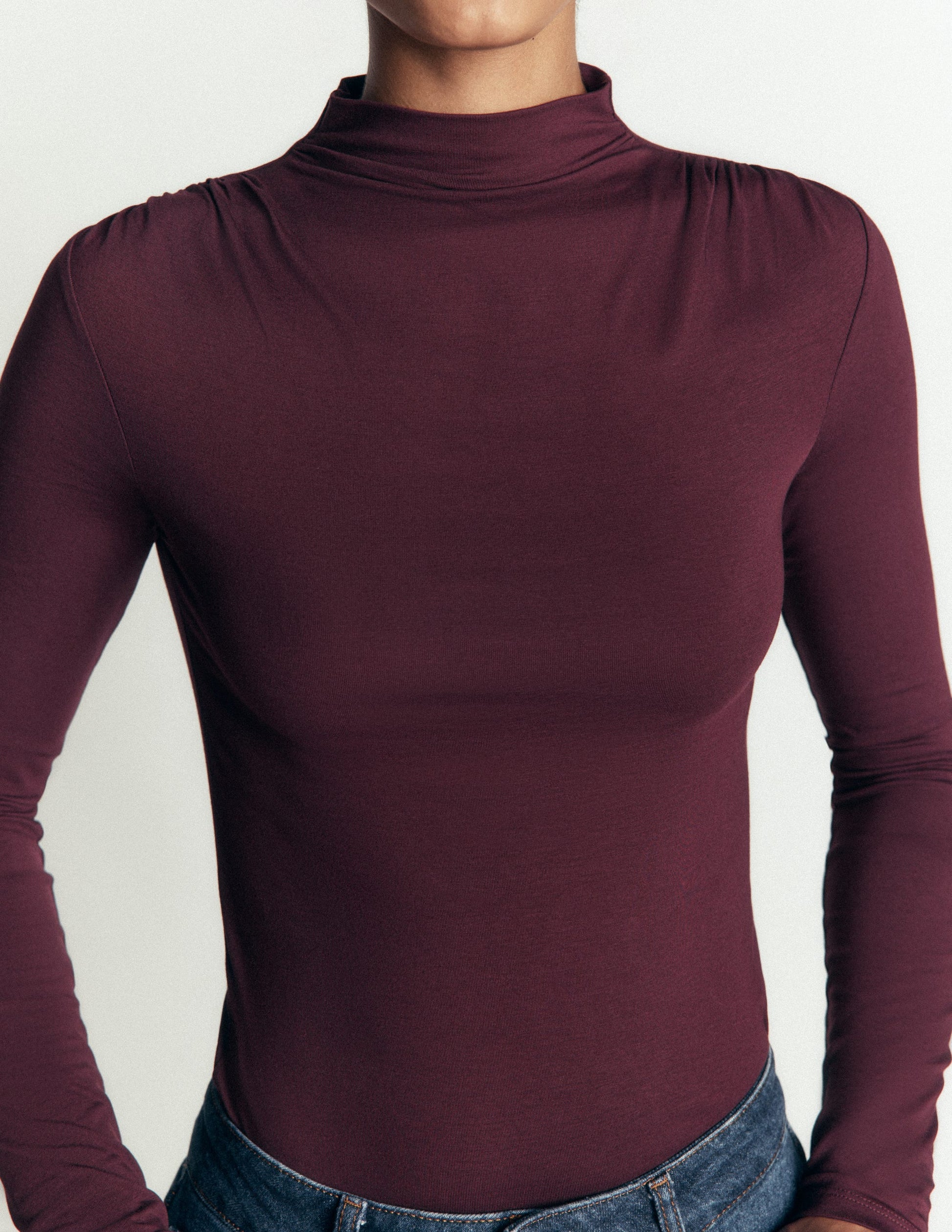 Ruched Neck Long Sleeve-Dark Cherry-2