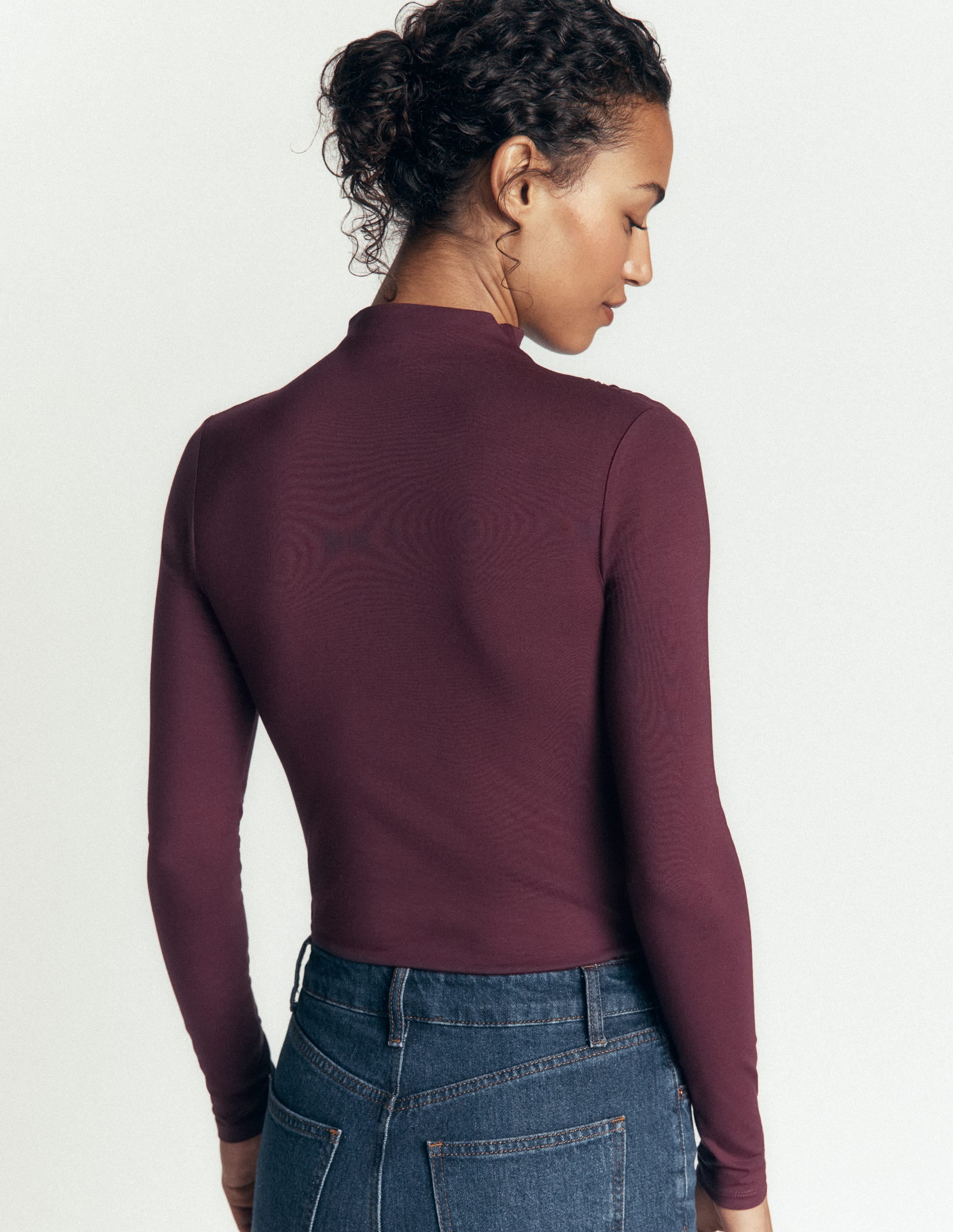 Ruched Neck Long Sleeve-Dark Cherry - Image 3
