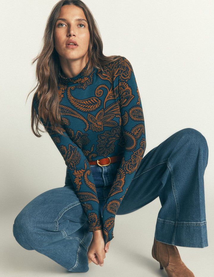 High Neck Jersey Top-Legion Blue, Paisley Bouquet