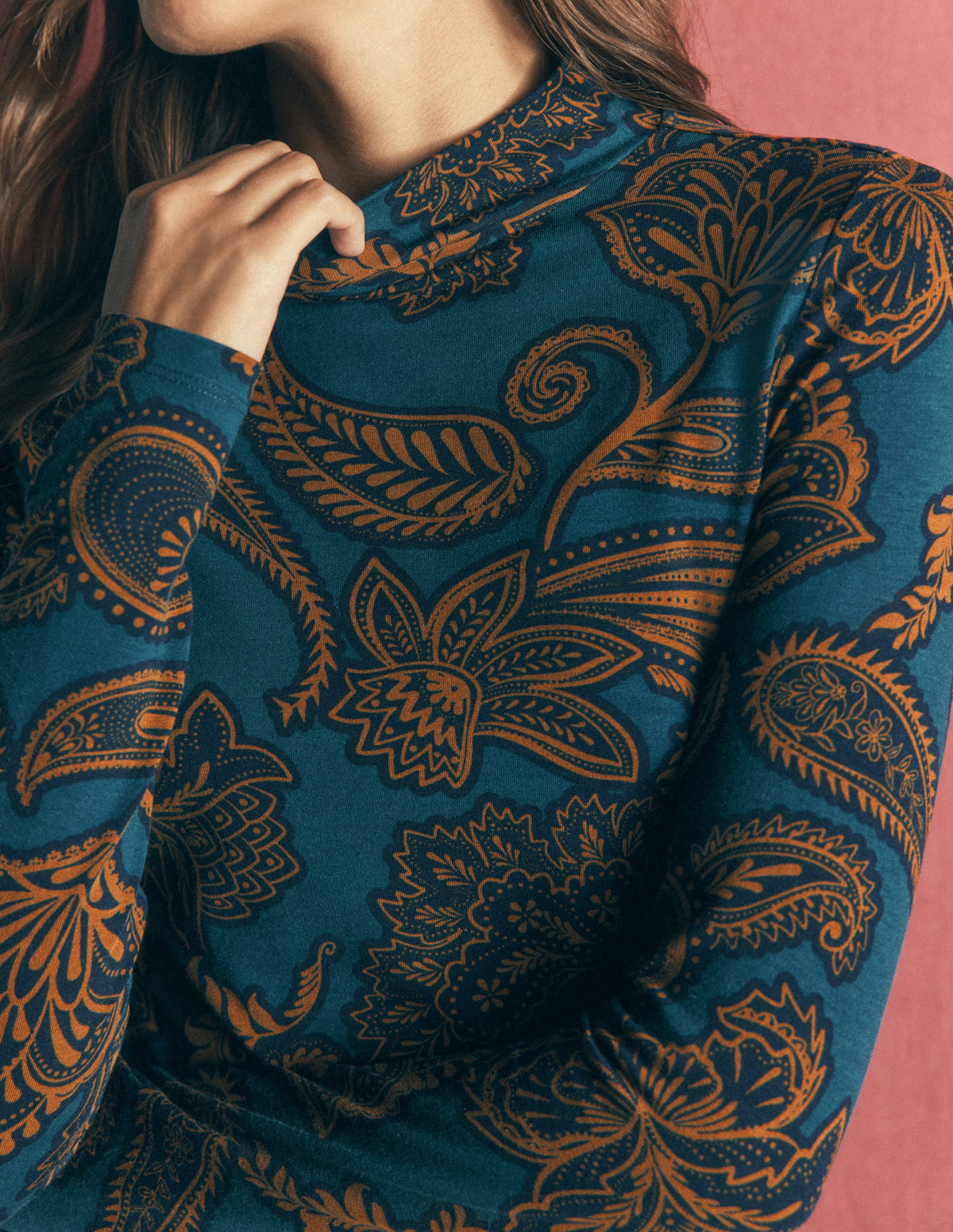 High Neck Jersey Top-Legion Blue, Paisley Bouquet - Image 2