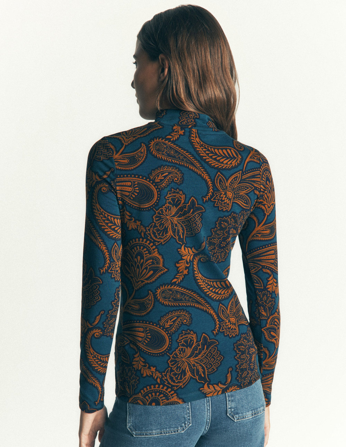 High Neck Jersey Top-Legion Blue, Paisley Bouquet - Image 3