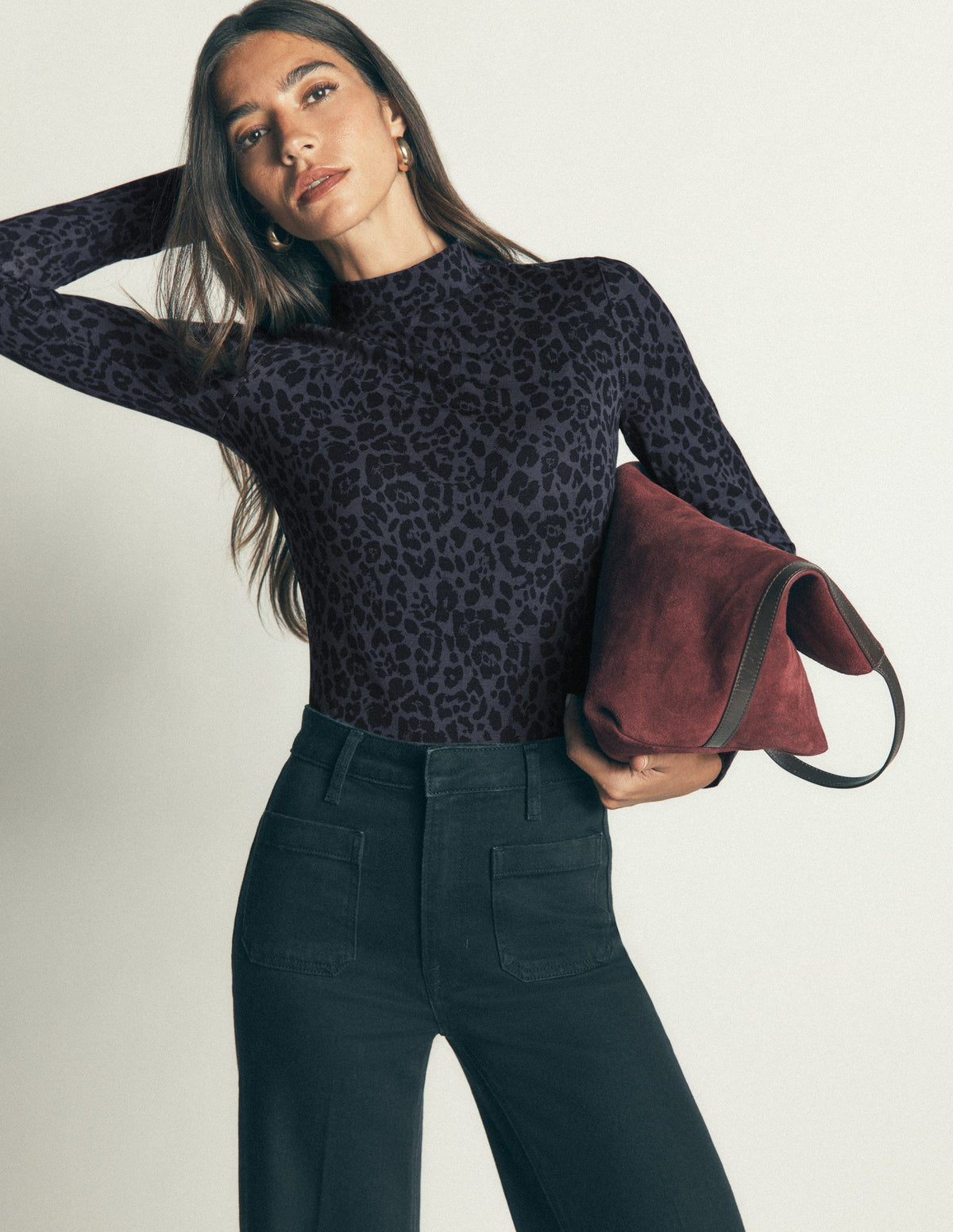 High Neck Jersey Top-Grey, Leopard Smudge - Image 1