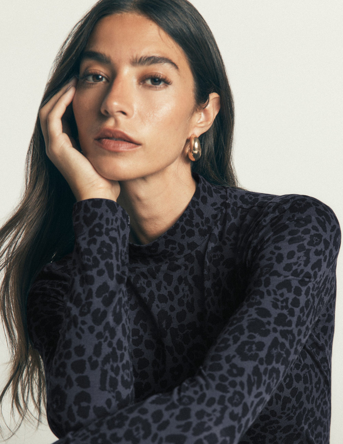 High Neck Jersey Top-Grey, Leopard Smudge - Image 2