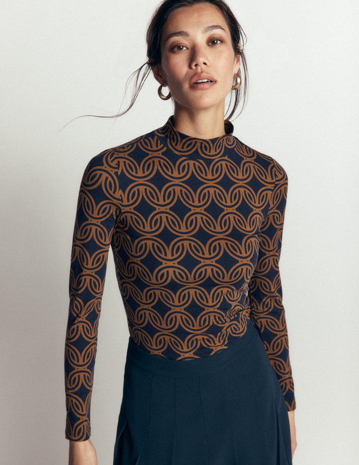 High Neck Jersey Top-French Navy, Geo Parade Mono