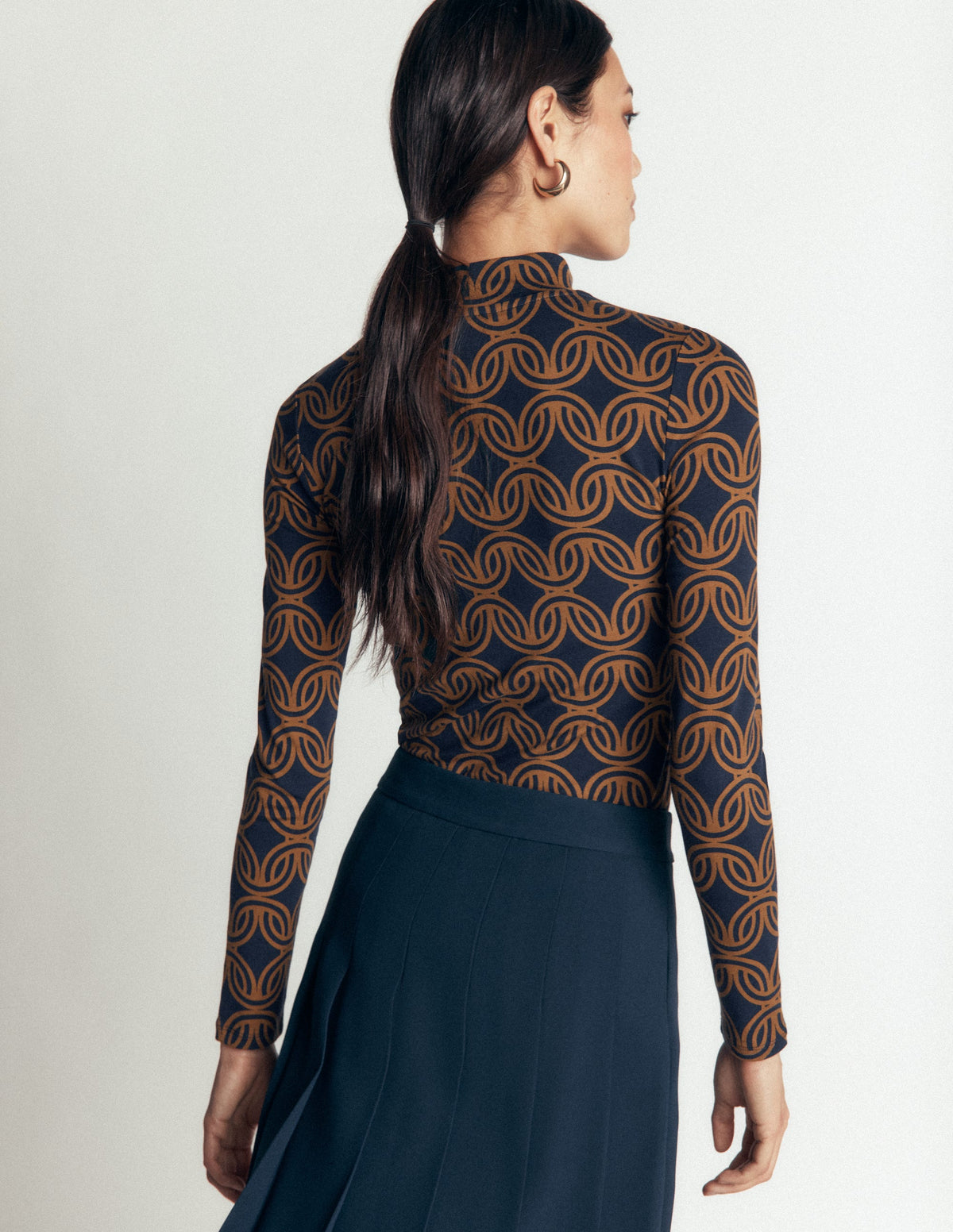 High Neck Jersey Top-French Navy, Geo Parade Mono-3