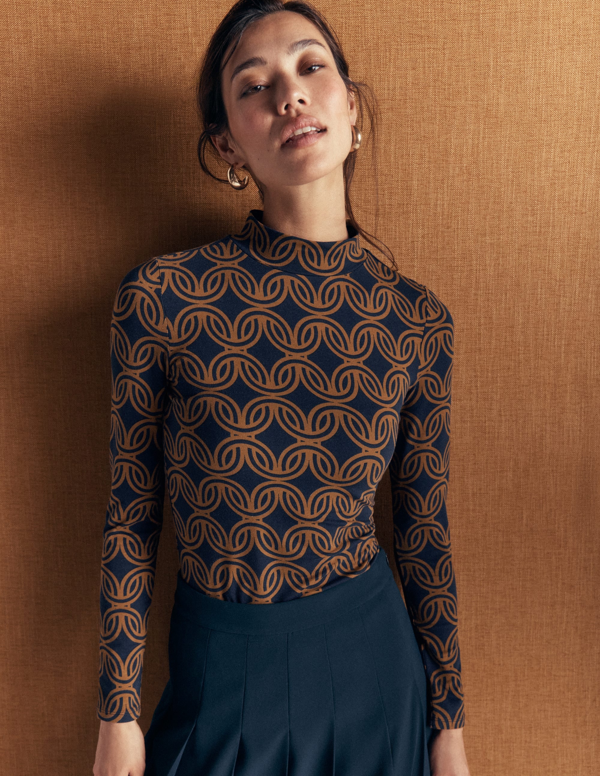 High Neck Jersey Top - French Navy, Geo Parade Mono | Boden USA
