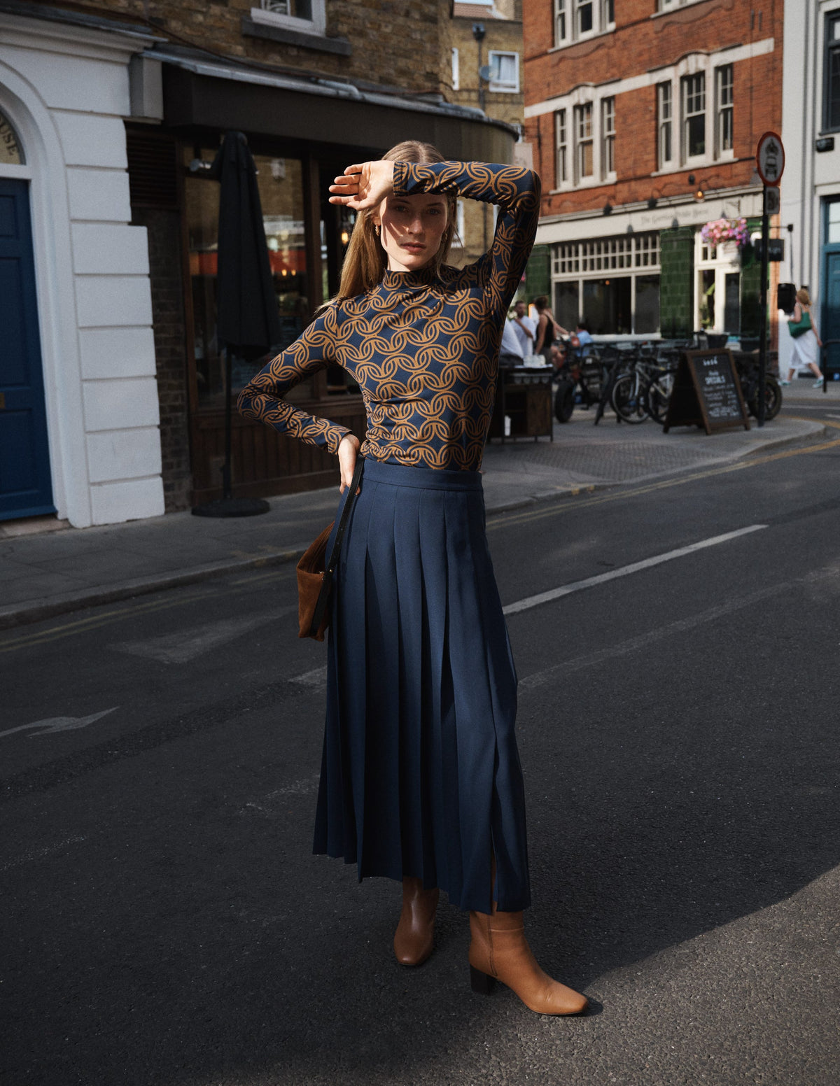 High Neck Jersey Top-French Navy, Geo Parade Mono - Image 6