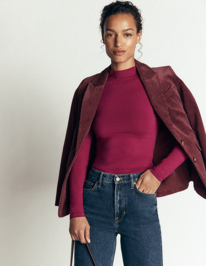 High Neck Long Sleeve-Beet Red
