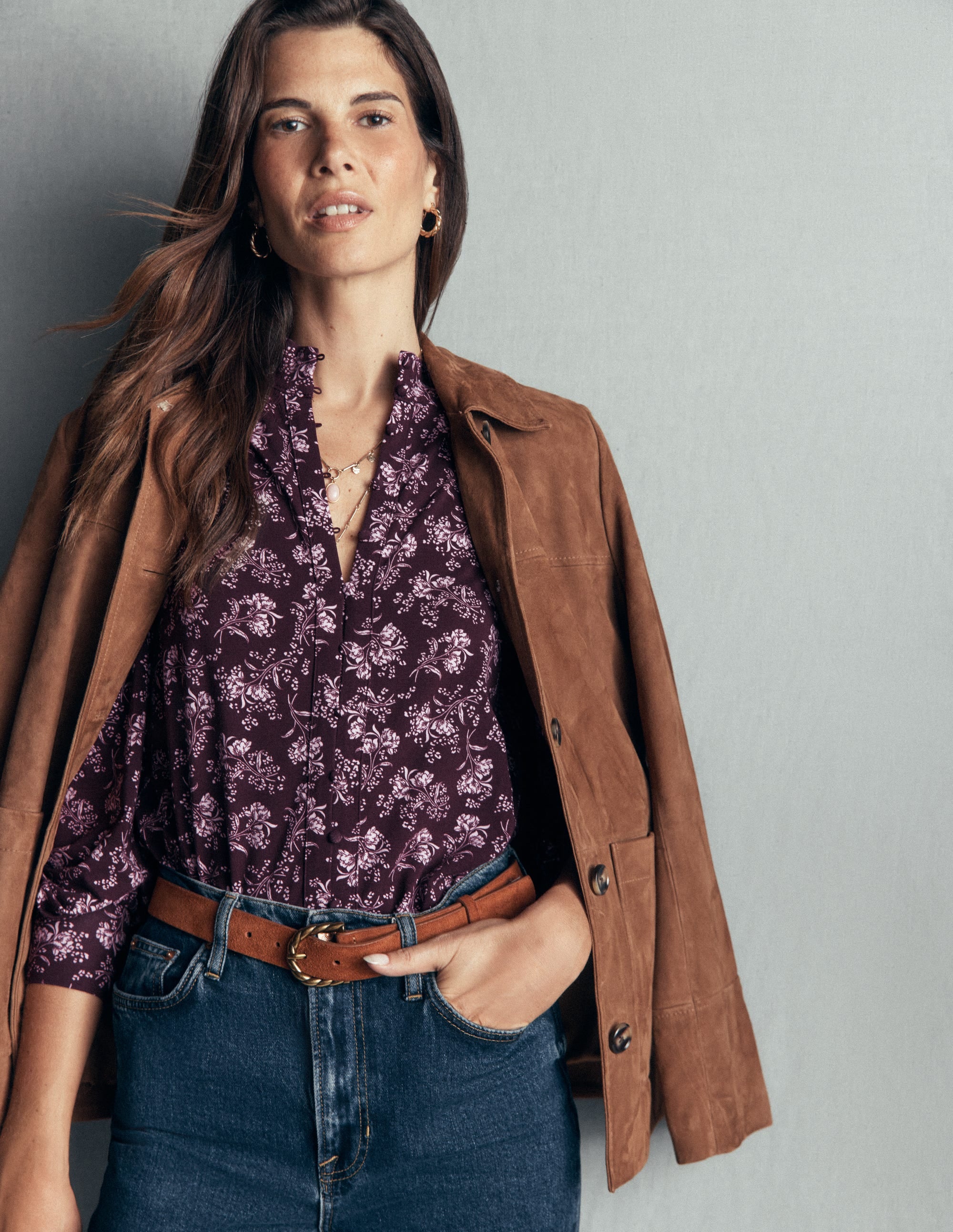 Deep Cuff Half Placket Blouse-Fudge, Enchanted Sprigs - Image 2
