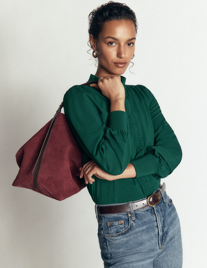 Deep Cuff Half Placket Blouse-Emerald Night