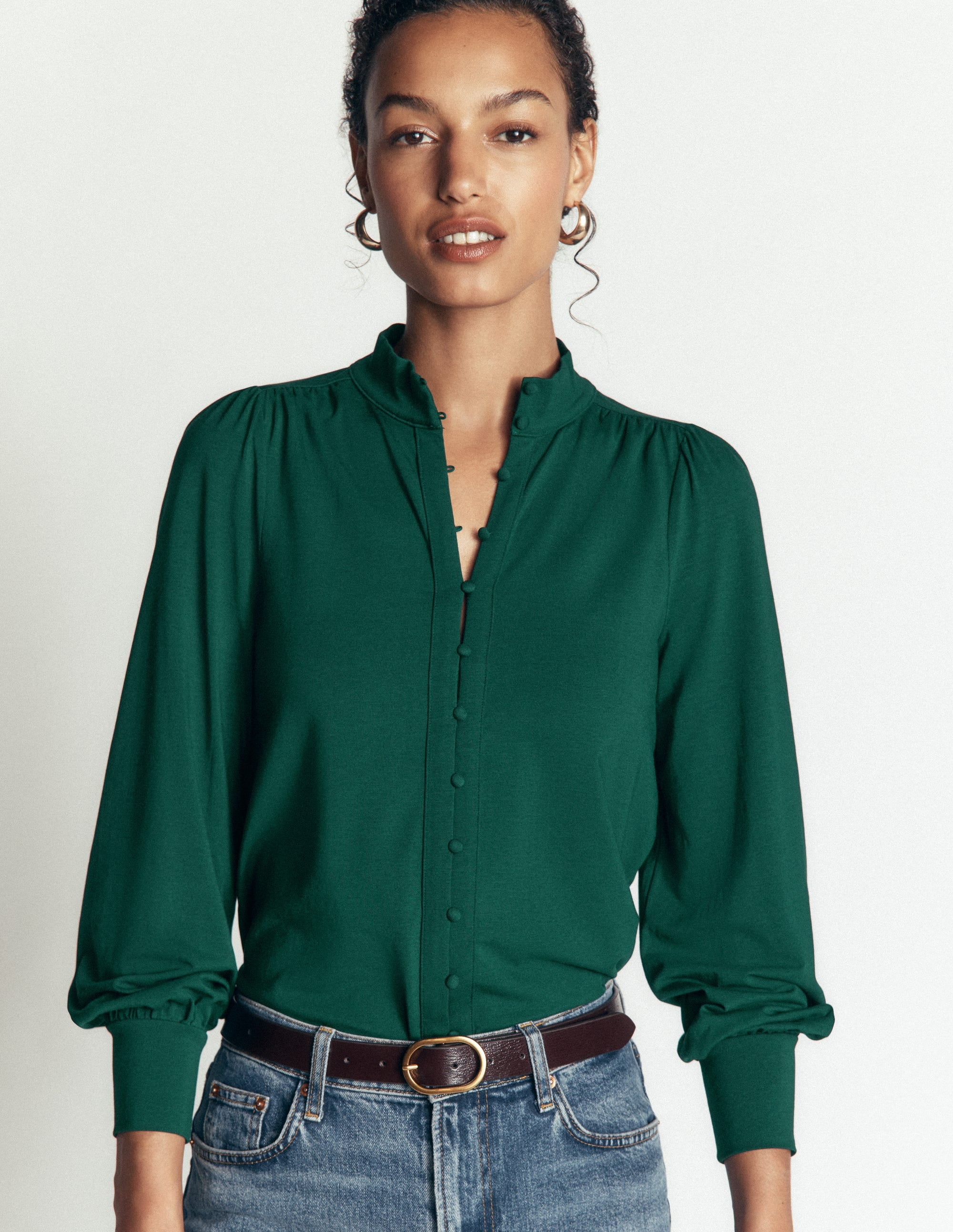 Deep Cuff Half Placket Blouse-Emerald Night - Image 2
