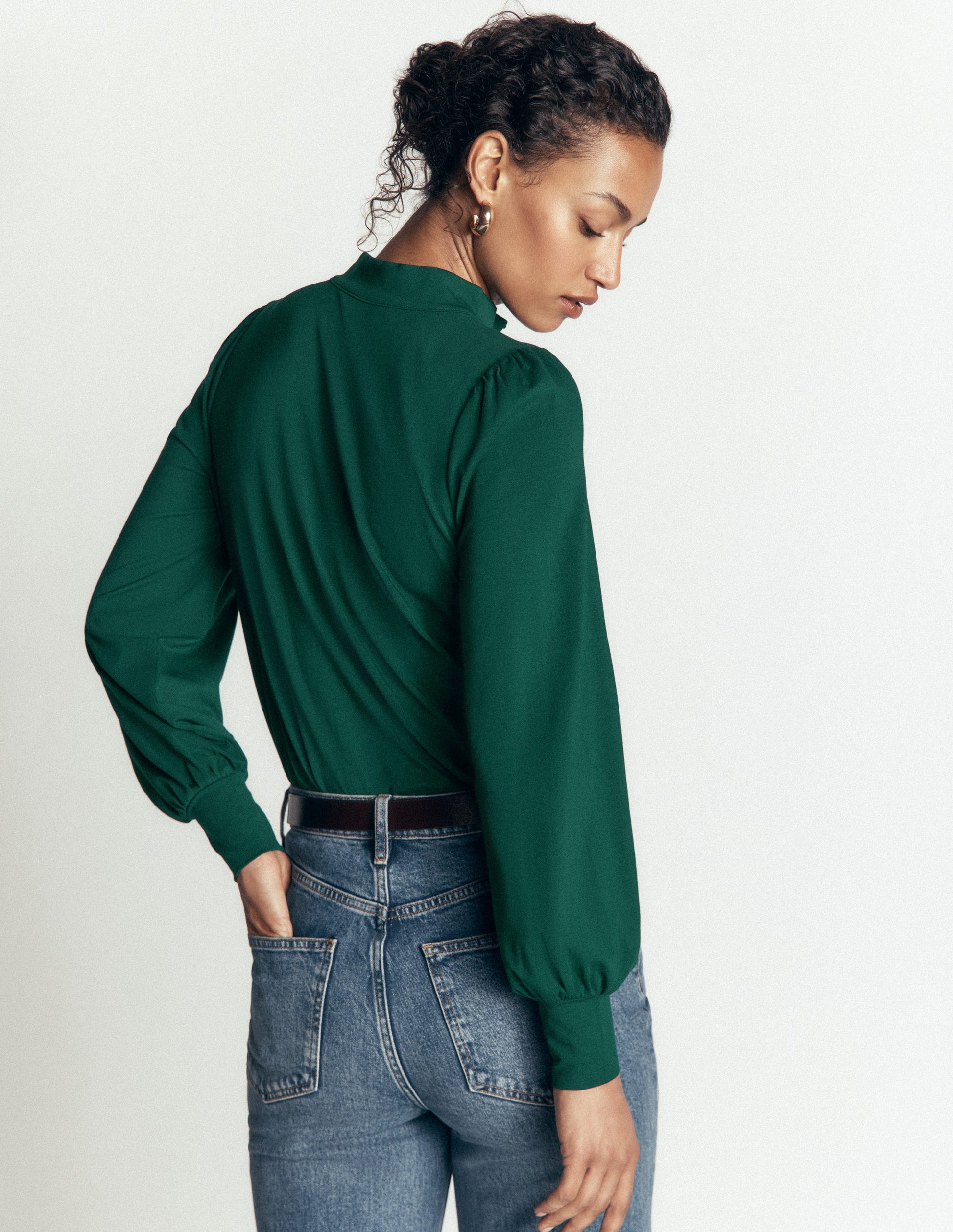 Deep Cuff Half Placket Blouse-Emerald Night-3