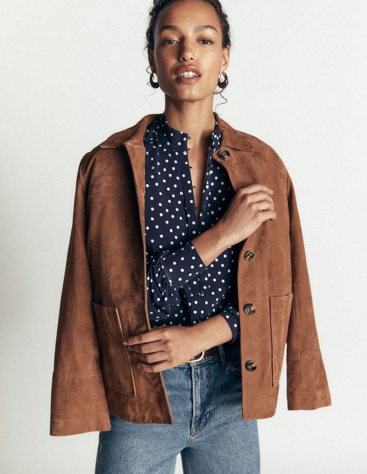 Deep Cuff Half Placket Blouse-Navy Spot