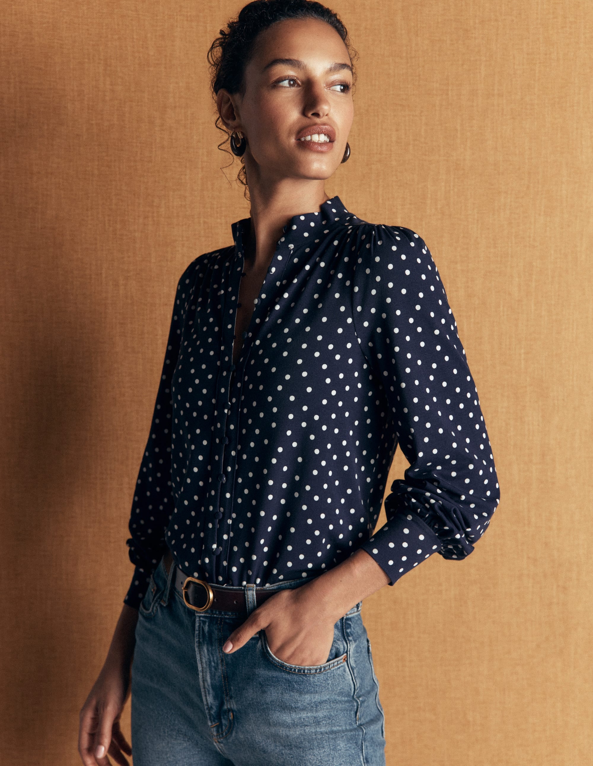 Deep Cuff Half Placket Blouse-Navy Spot - Image 2