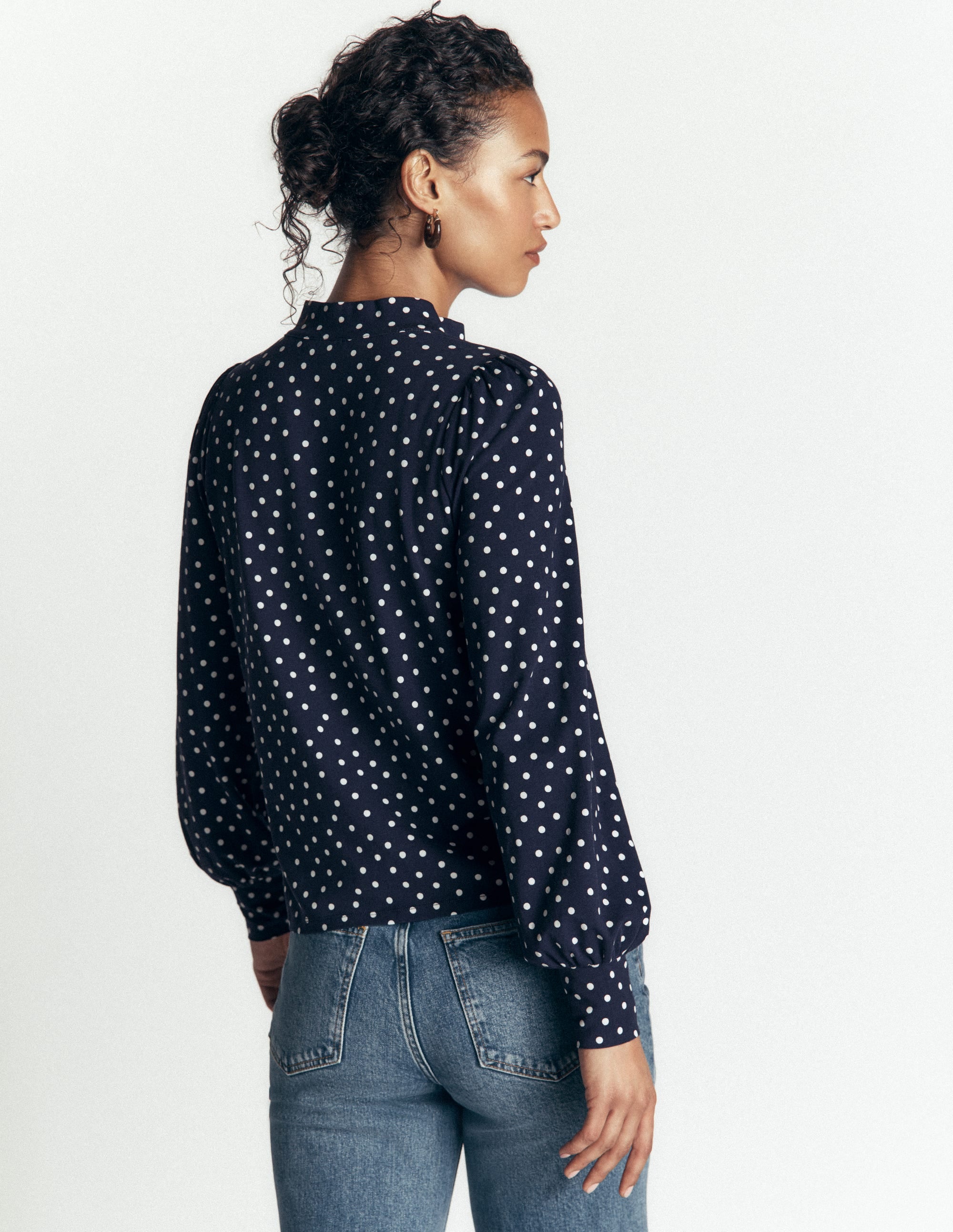 Deep Cuff Half Placket Blouse-Navy Spot - Image 3
