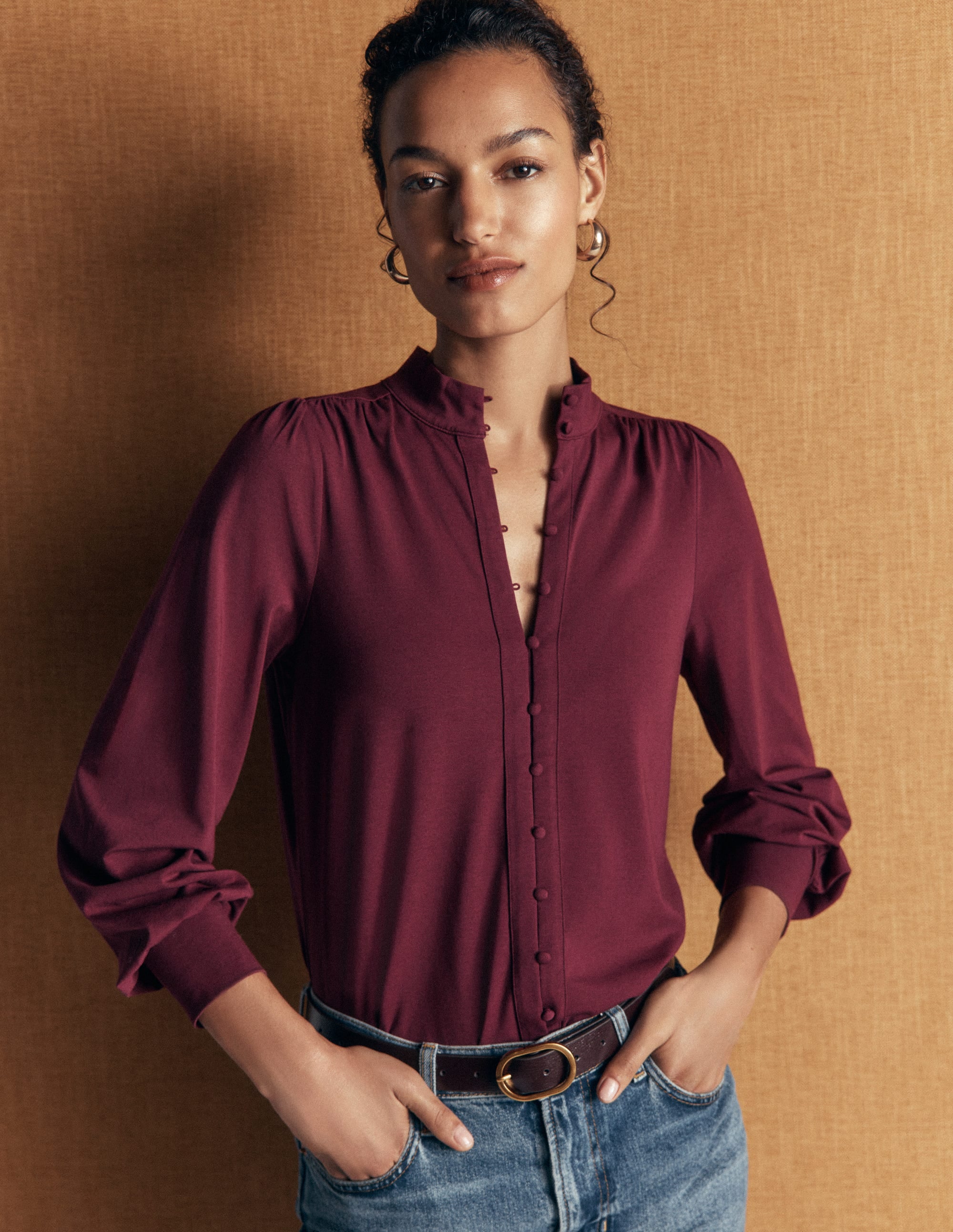 Deep Cuff Half Placket Blouse-Deep Wisteria - Image 5