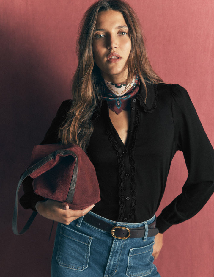 Lace Frill Blouse-Black