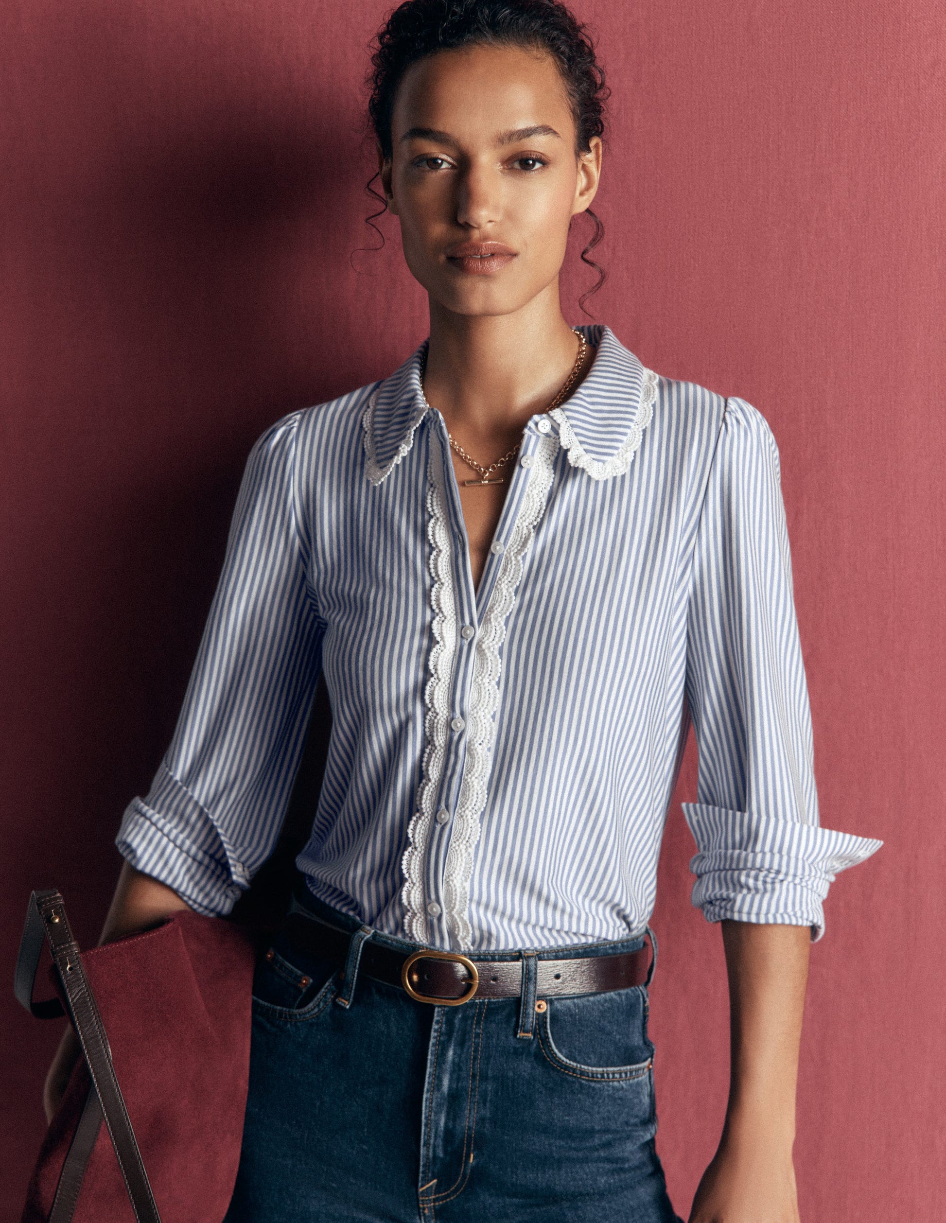 Lace Frill Blouse-Faded Denim and Ivory Stripe-1