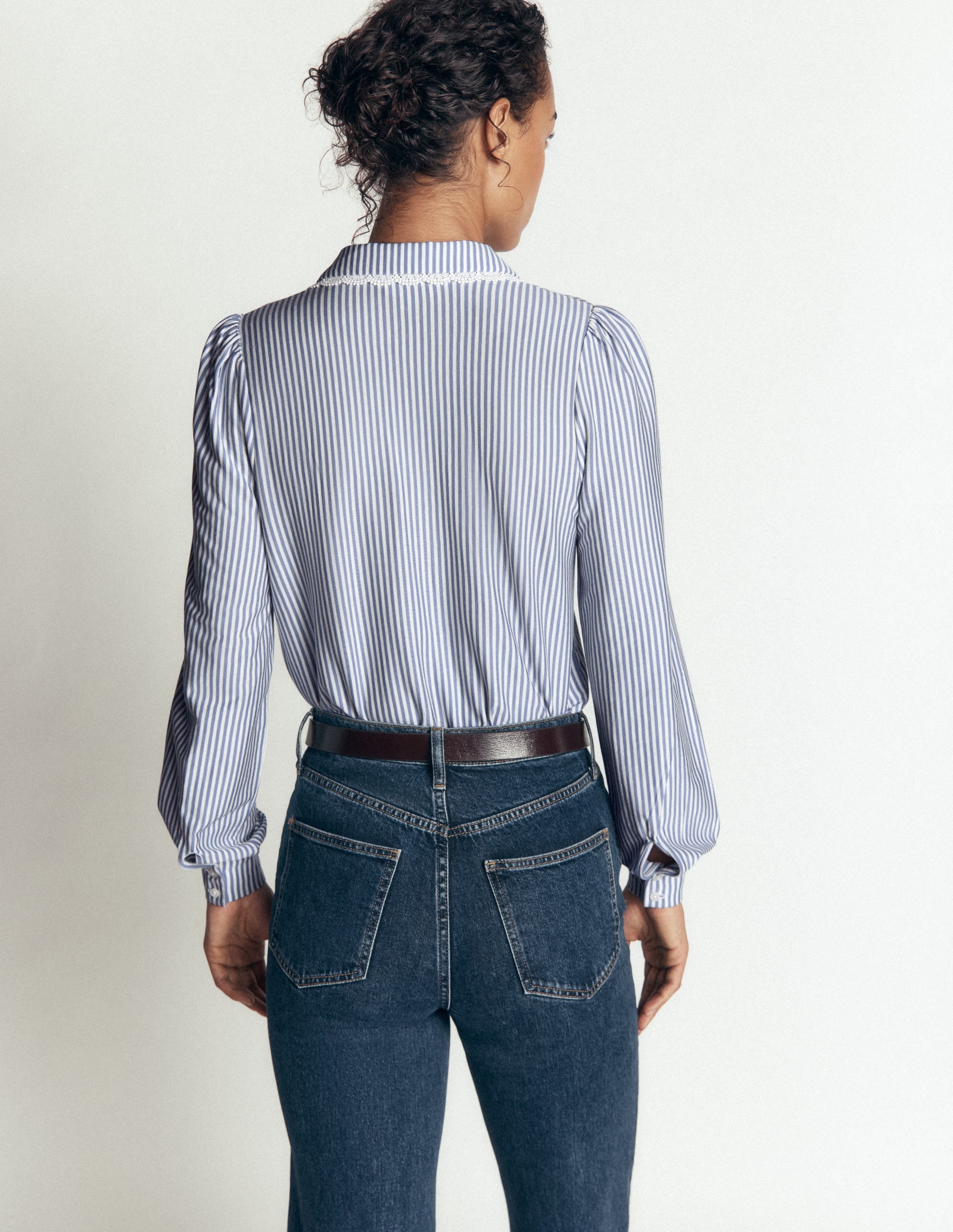 Lace Frill Blouse-Faded Denim and Ivory Stripe - Image 3