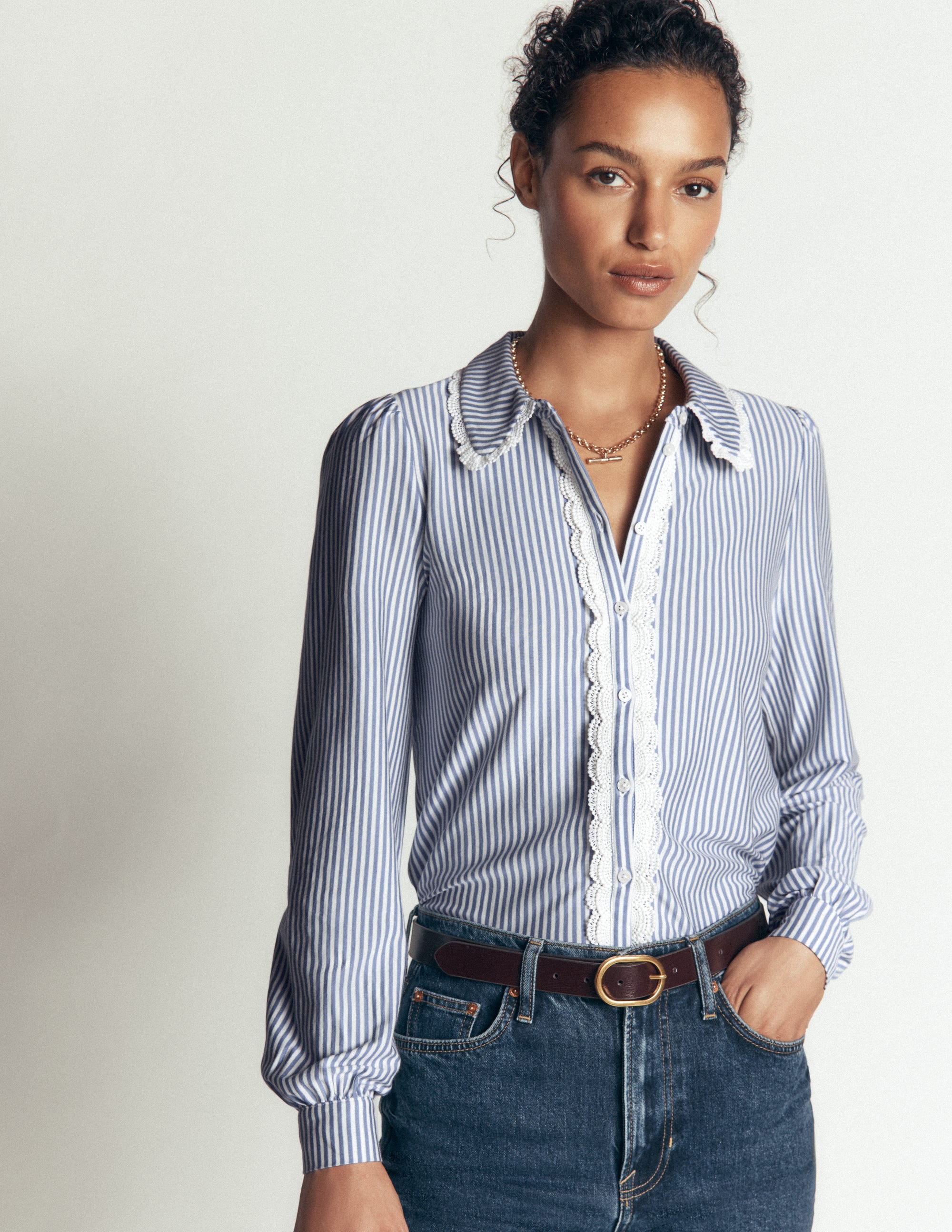 Lace Frill Blouse - Faded Denim and Ivory Stripe | Boden USA