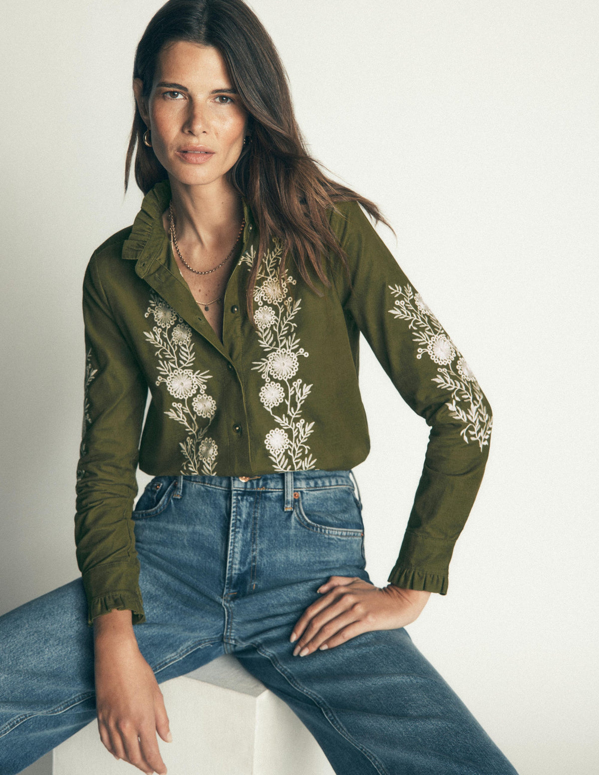 Sienna Frill Cord Shirt-Woodland Green, Embroidered - Image 1