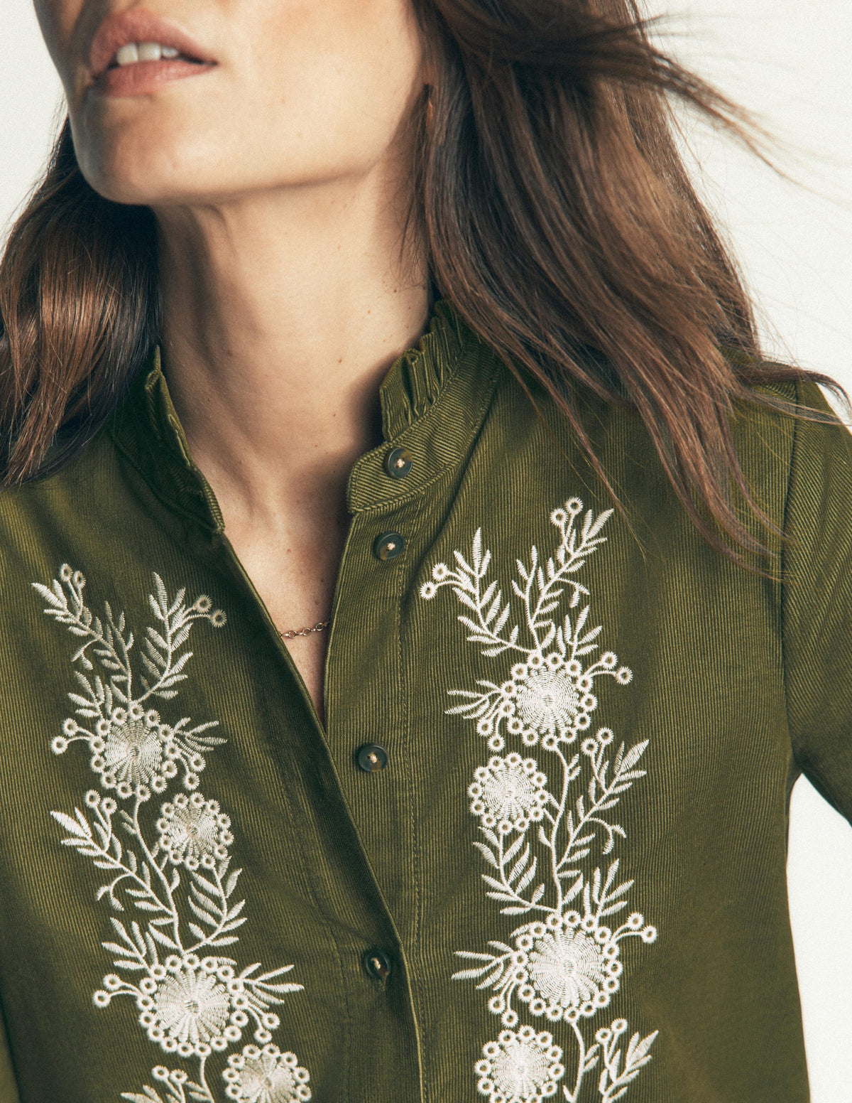 Sienna Frill Cord Shirt-Woodland Green, Embroidered - Image 2