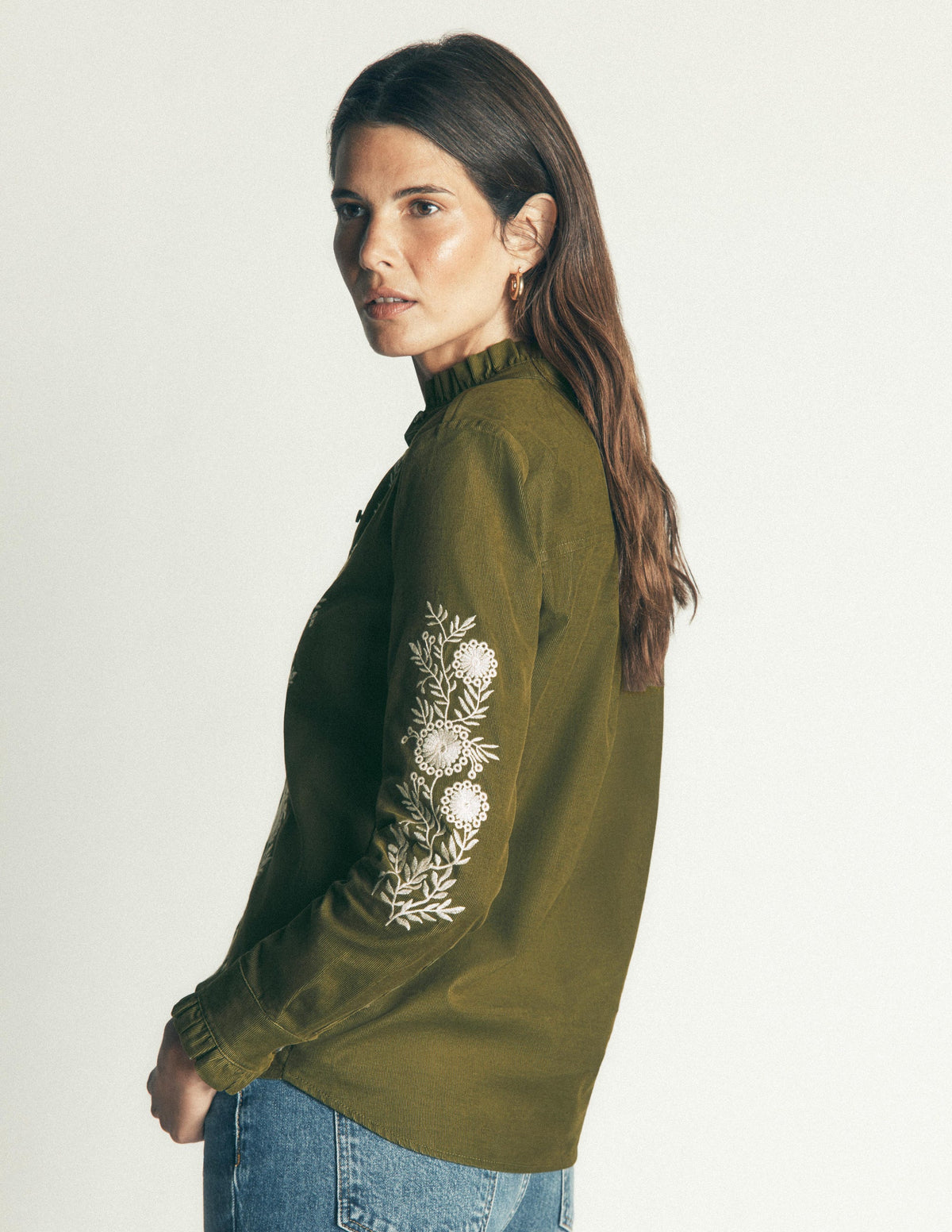 Sienna Frill Cord Shirt-Woodland Green, Embroidered - Image 3