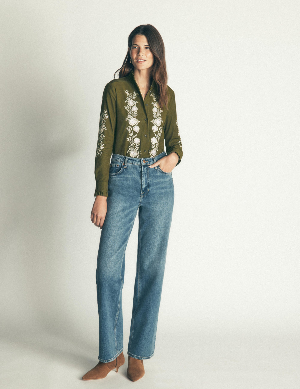 Sienna Frill Cord Shirt-Woodland Green, Embroidered-4