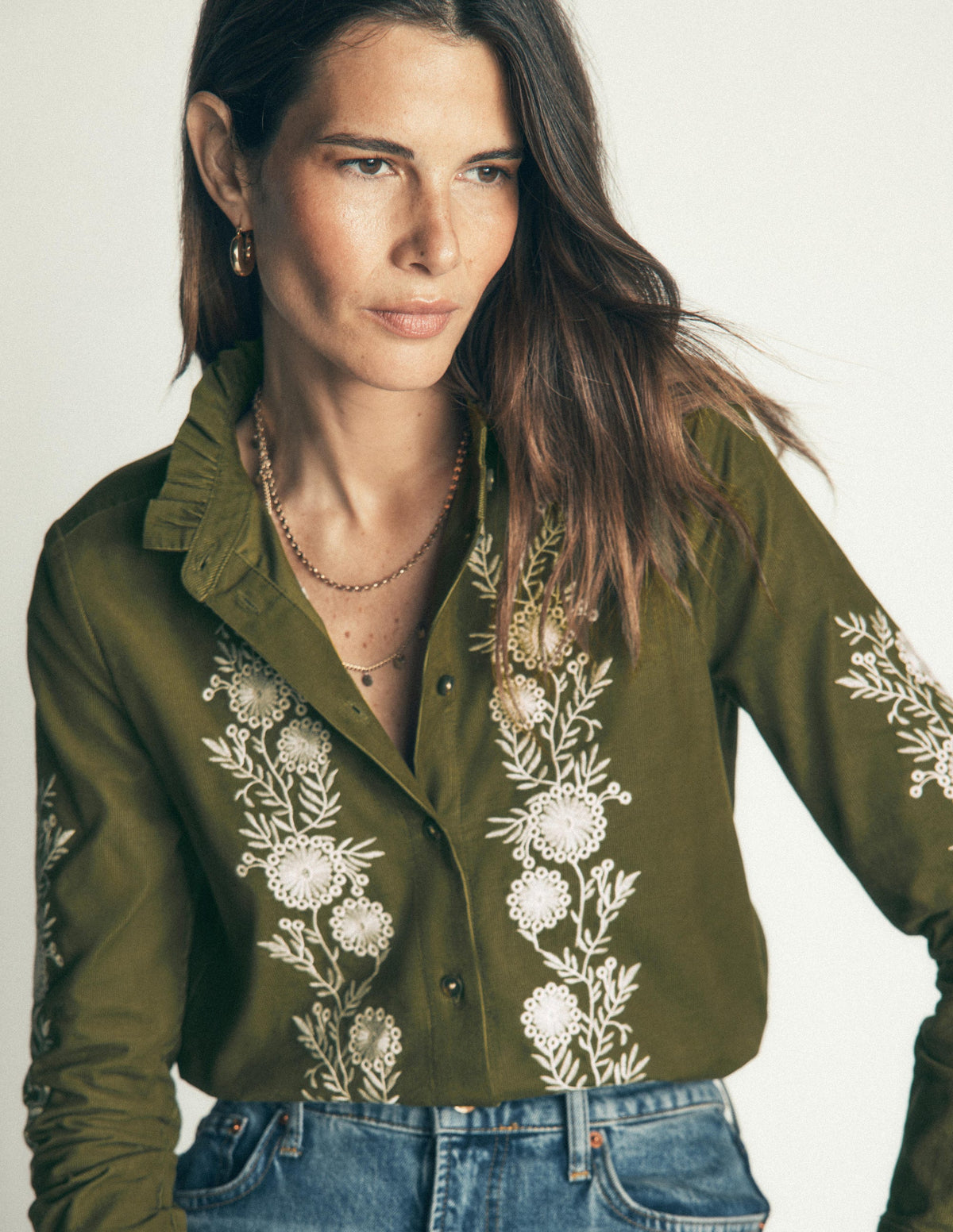 Sienna Frill Cord Shirt-Woodland Green, Embroidered - Image 5