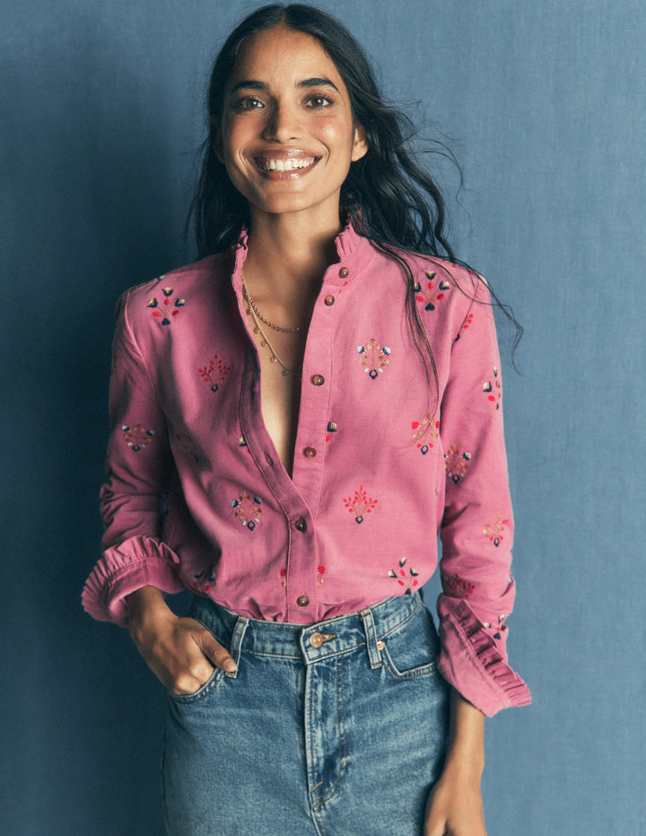 Sienna Frill Cord Shirt-Pink Heather, Embroidered