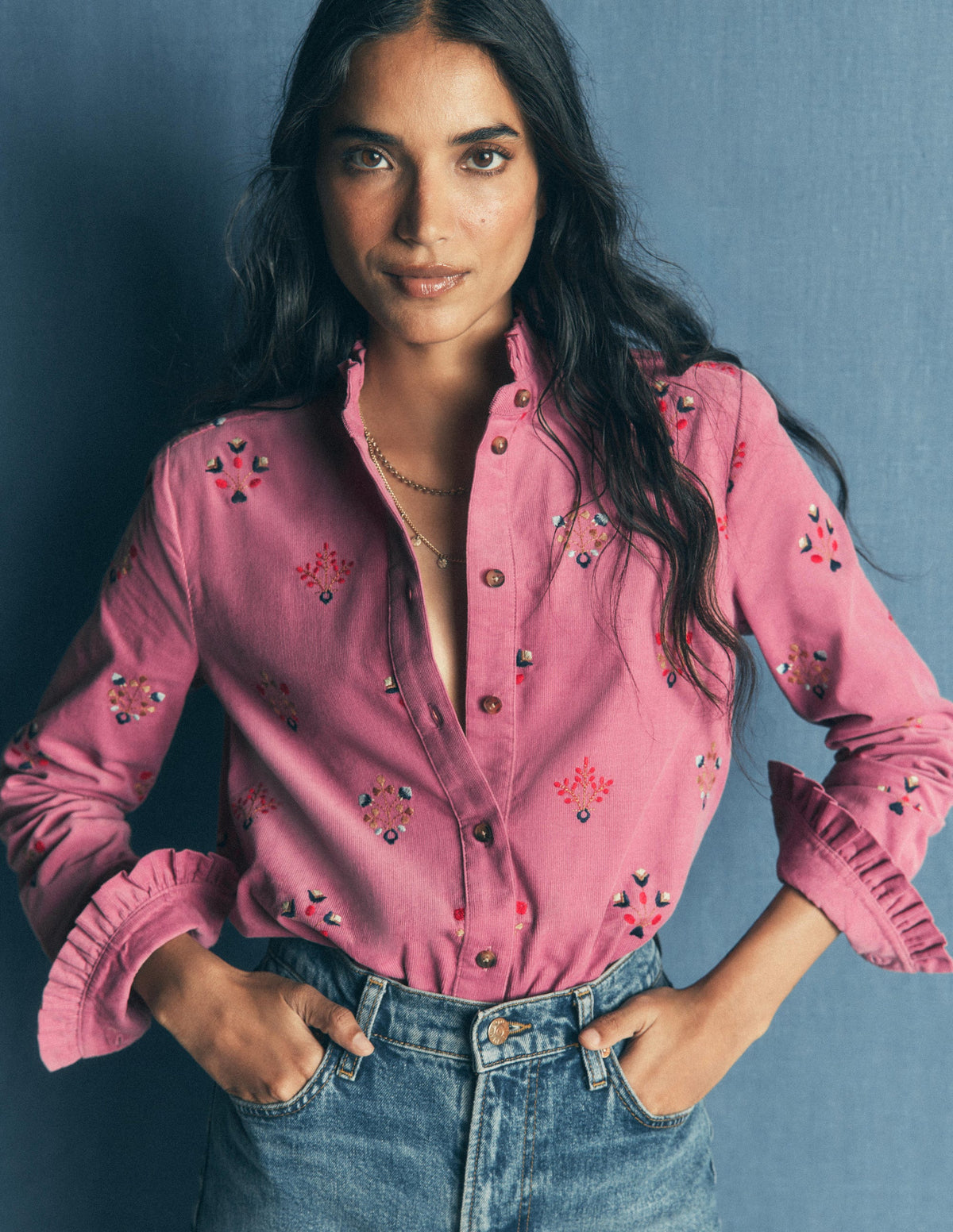 Sienna Frill Cord Shirt-Pink Heather, Embroidered - Image 3