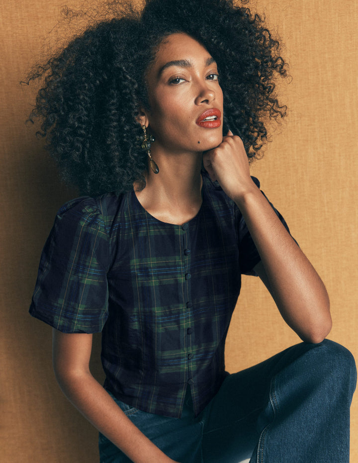 Puff Sleeve Taffeta Top-Navy, Green, Blue Tonal Check