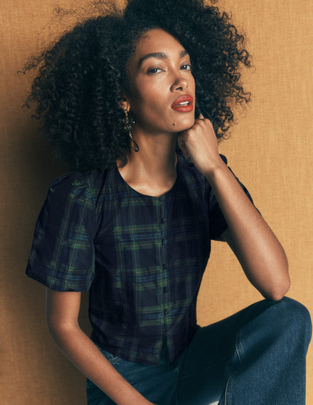 Puff Sleeve Taffeta Top-Navy, Green, Blue Tonal Check