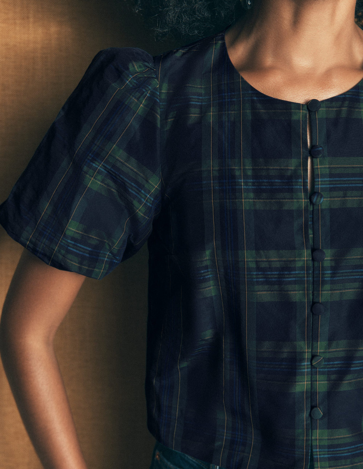 Puff Sleeve Taffeta Top-Navy, Green, Blue Tonal Check - Image 3