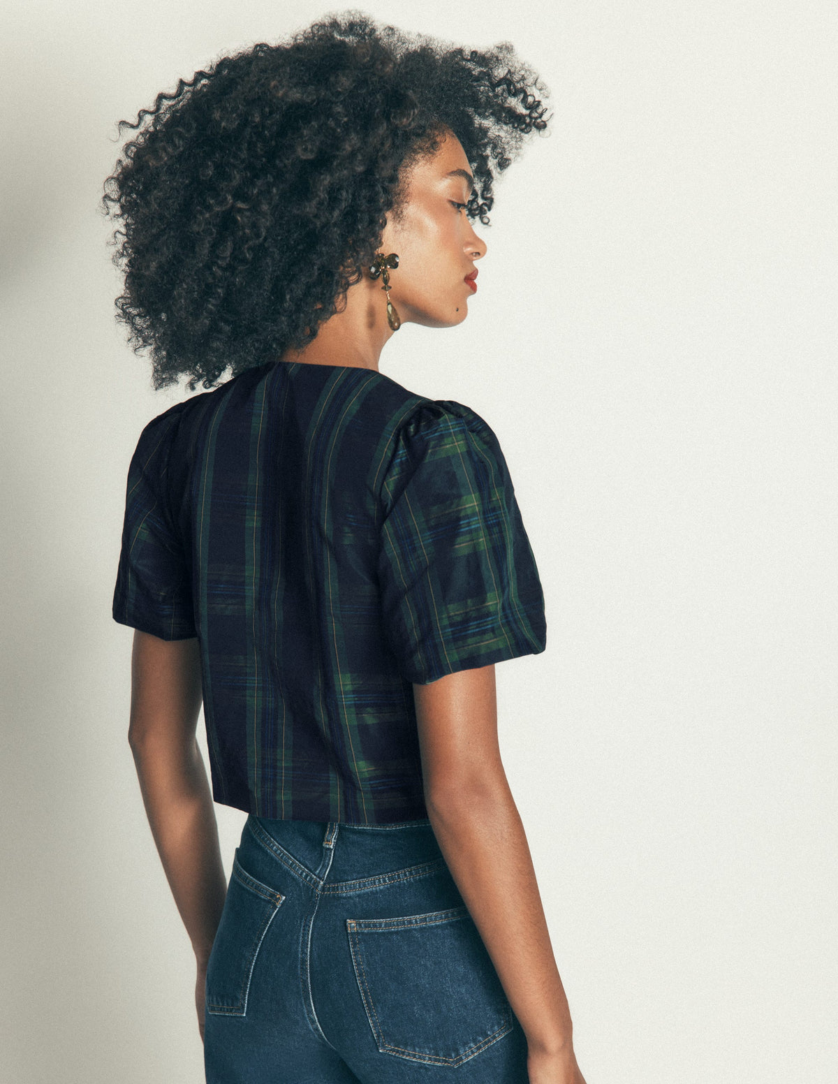 Puff Sleeve Taffeta Top-Navy, Green, Blue Tonal Check-4