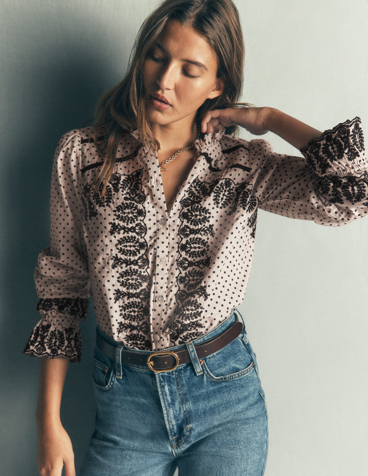 Lace Trim Beaded Cotton Top-Almond Milk, Regular Spot-1