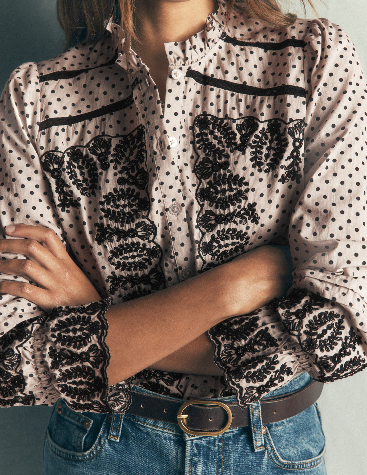 Lace Trim Beaded Cotton Top-Almond Milk, Regular Spot - Image 2
