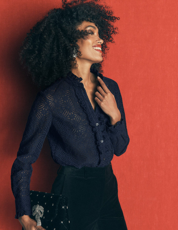 Sienna Frill Lace Shirt-Navy