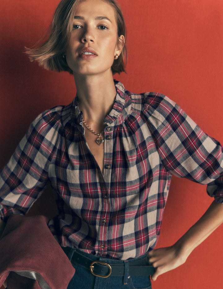 Erica Frill  Check Top-Oatmeal, Navy and Red Check