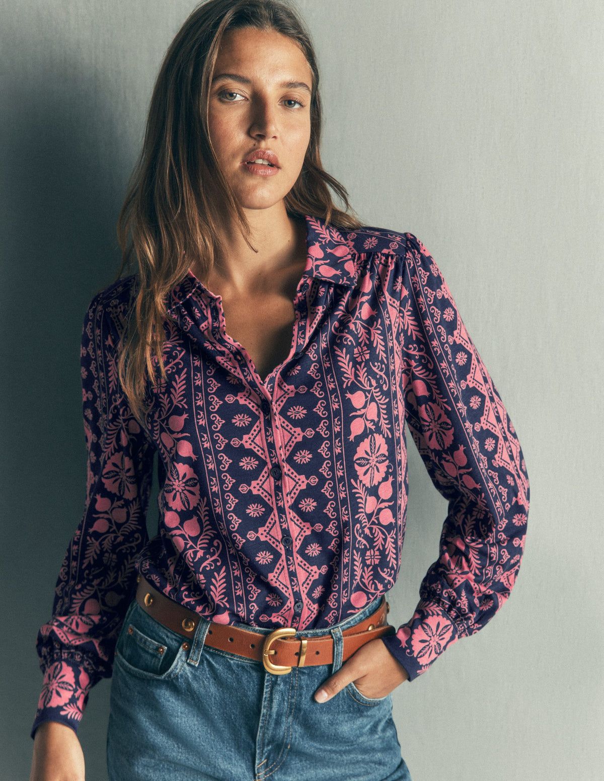Collared Jersey Shirt-French Navy, Charmed Foliage-1