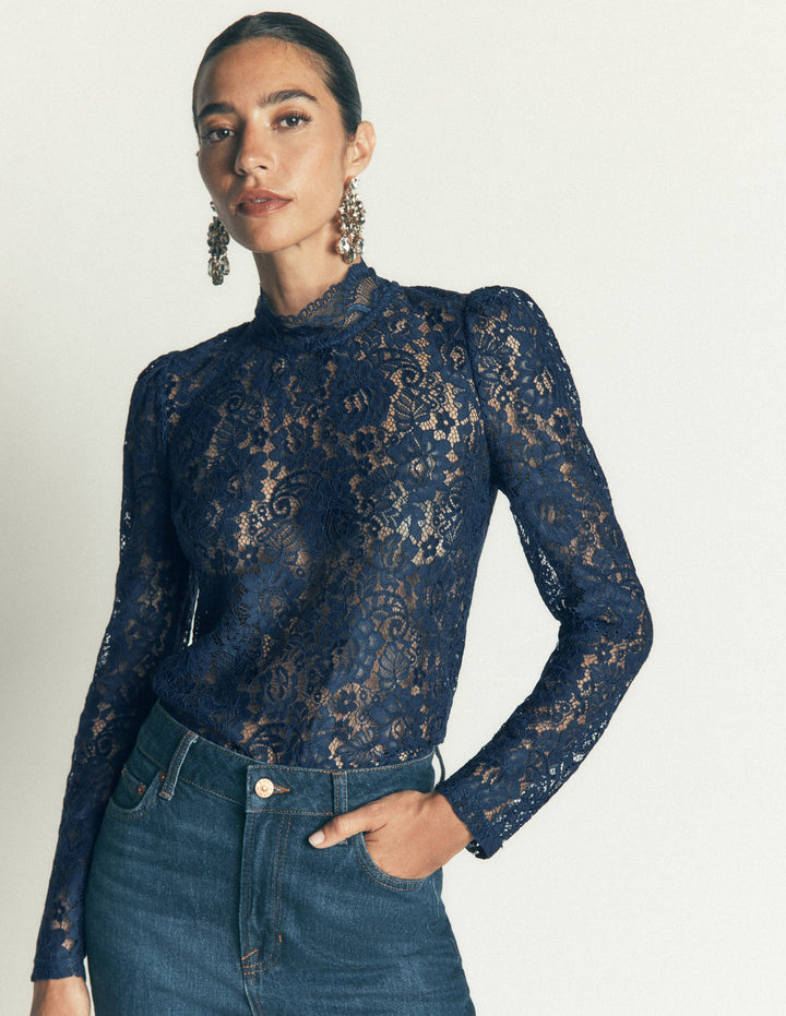 Lace Detail Top-Midnight Ocean