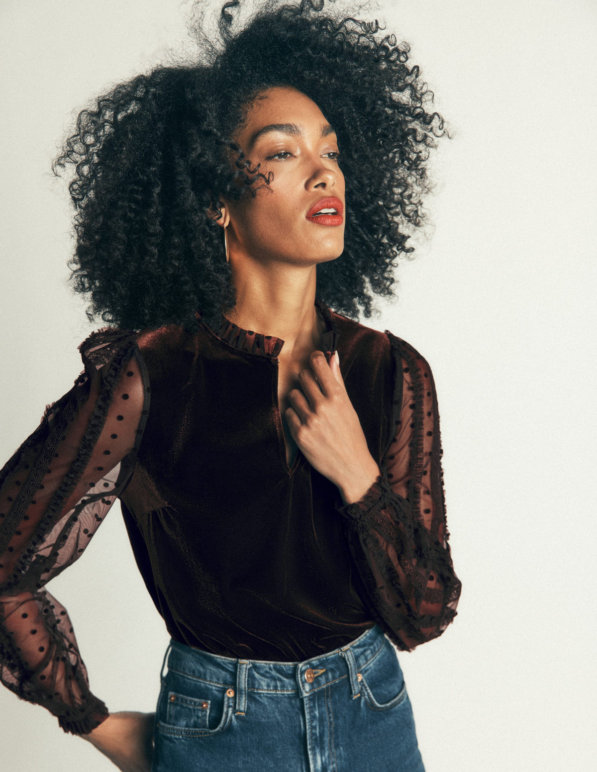 Tulle Mix Velvet Top-Dark Chocolate - Image 1